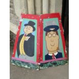 Two hand painted fair ground panels showing Postman Pat and The Fat Controller, 90cm high