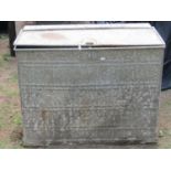 A vintage heavy gauge two divisional galvanised steel grain bin with hinged lid, 93 cm wide x 56