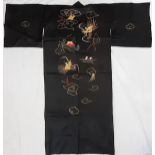 Japanese kimono in black with couch stitch embroidery of dragons on the back, length 140cm, together