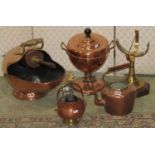 A copper and brass helmet shaped coal scuttle, copper samovar, lacquered brass armillary, etc