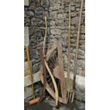An old/vintage scythe with long ashwood handle, pitch fork, further long handled wooden fork, pair