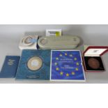 Collection of coins including commemorative medals, Diana Memorial coin, National Trust Centenary