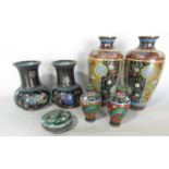 Cloisonné, three pairs of vases of varying height and a small lidded pot. 7 (some dents)