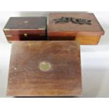 A 19th century brass banded mahogany box with two divisions, an oak box and another mahogany box