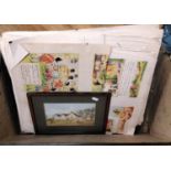 A collection of glass photograph plates for children's books, a framed watercolour of a vicarage,