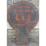 A vintage heavy gauge steel Lloyds Insurance sign of circular and fan tailed square tapered form, 62