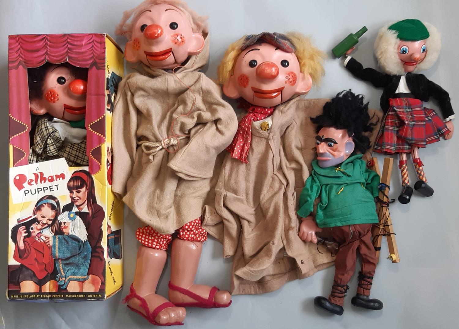 Collection of Pelham puppets including ventriloquist dolls 'Supy' (boxed), 'Walter', 'Sid the