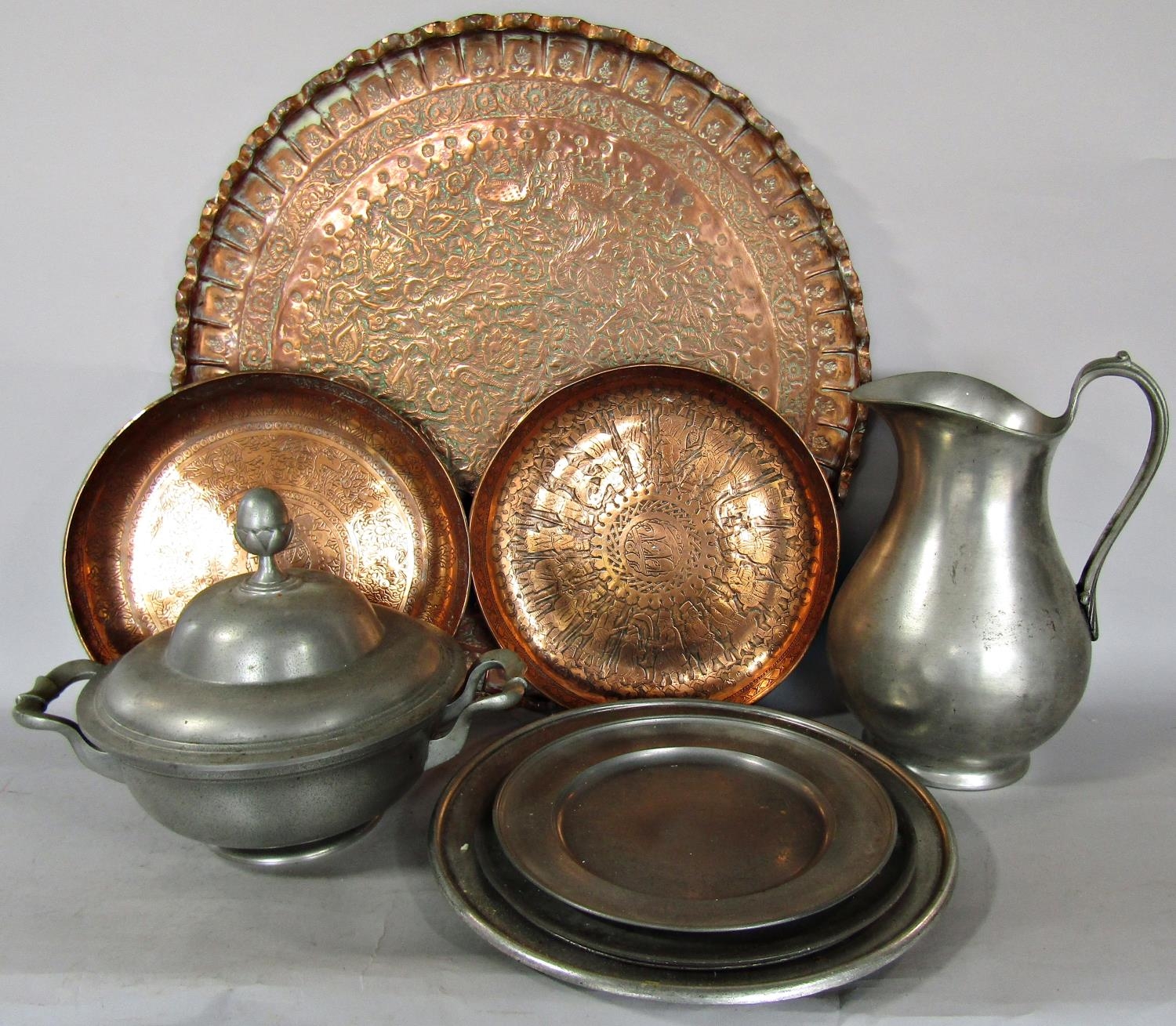 A copper tripod casserole with burner, a copper saucepan, a large copper Middle Eastern tray and two - Image 3 of 3