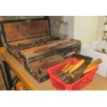 Two vintage stained pine framed portable carpenters tool boxes containing a variety of various