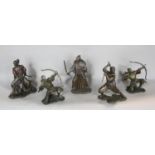Five bronze effect Japanese Samurai Warriors in various bellicose poses, a wooden sword stand and