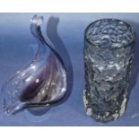 A Whitefriars grey bark vase 19cm high, a tall square narrow necked Murano vase 40 cm tall, a