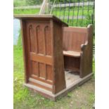 A pitch pine church lectern with combined seat and platform base with chamfered framework and gothic