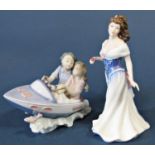 A Lladro figure group of a young couple in a small fishing boat set within a ceramic plinth of
