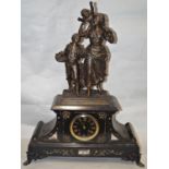 A Victorian black slate and marble mantle clock with figural surmount of a mother and two