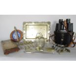 A Miscellaneous collection of items including a vintage pair of Regent binoculars, a brass topped