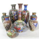 Cloisonné, a single slender necked vase, two pairs of vases, two other vases and a lidded pot, 8 (