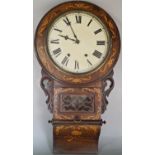 A late 19th century walnut drop dial wall clock with repeating marquetry decoration and eight day