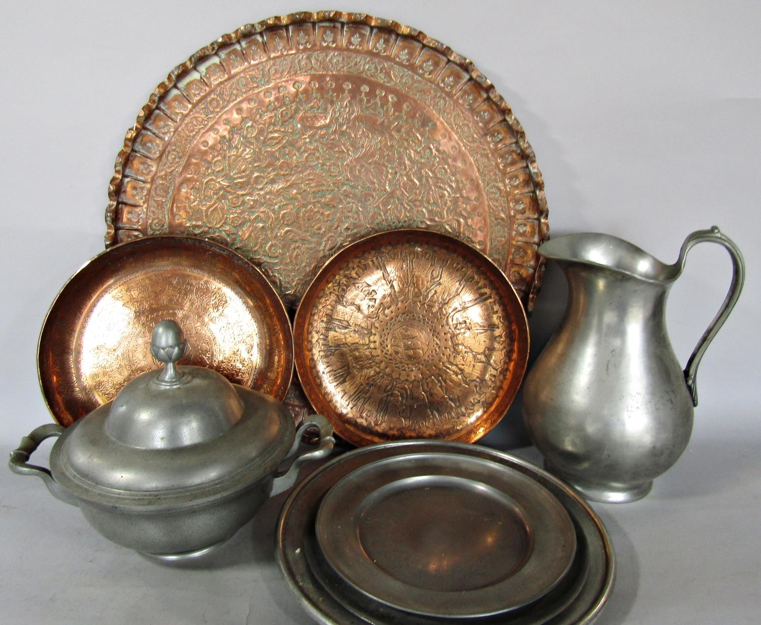A copper tripod casserole with burner, a copper saucepan, a large copper Middle Eastern tray and two - Image 2 of 3