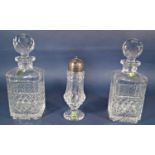 A pair hand cut lead Cathedral Crystal square decanters, and a Waterford cut crystal sugar sifter