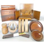 A collection of 19th century wooden boxes, an oak stationery box, a hat stretcher, a wooden pie