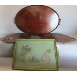 An Edwardian oval mahogany tray with galleried edge and painted floral decoration, a pair of