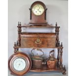 A Victorian mahogany open shelf, two copper kettles, a coal scuttle, brass tray, a mahogany cased