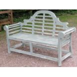 A light green painted Lutyens style hardwood three seat garden bench, 167 cm wide
