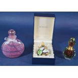 A hexagonal green cut glass scent bottle a pink bubble centre (small chip), a Murano style pink