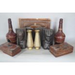 A miscellaneous collection of items including, two leather clad bottles, a pair of Middle Eastern
