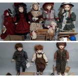 8 bisque head dolls by Franklin Heirloom (1990's) in Victorian style clothing including Danny,