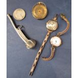 Two 9ct gold ladies wristwatches c.1930, an 18k 19th century fob watch (af), a silver plated bosuns