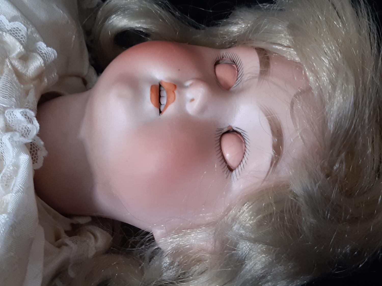 Early 20th century bisque head doll with closing brown eyes, open mouth with teeth and jointed - Image 5 of 7