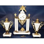 A 19th century white marble and gilded brass portico clock garniture, the dial with painted finish