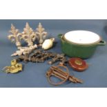 A miscellaneous collection of items including a cast iron green Chasseur saucepan, a giant