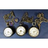 Three Victorian silver cased pocket watches (all af) together with three silver Albert chains, two