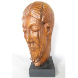 A 19th century moulded resin head of a saint from Louvain Cathedral, raised on a square plinth, 33cm