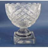 A 19th century engraved glass bowl, raised on a square base, 20cm diameter x 23cm high, (AF, found