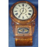 A late 19th century walnut and straw marquetry drop dial wall clock with eight day striking movement