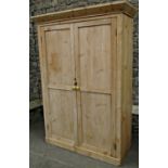 An old stripped pine wardrobe, freestanding and enclosed by a pair of full length rectangular twin