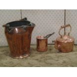 A 19th century copper pail with loop handle, together with a Victorian copper kettle and a small