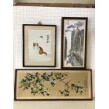 Three Chinese works on silk to include: embroidery of cat watching butterfly, 31 x 44.5; watercolour