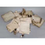 A box containing assorted legal documents on parchment and velum, some with seals, various dates