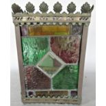 An early 20th century multi coloured glass lead panelled hall lantern with brass fittings 30cm x