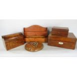 A mahogany letter rack, a walnut domed topped tea caddy, two further boxes and a solitaire board and