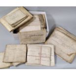 A box containing assorted legal documents on parchment and velum all dated from the 1700s.