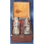 A 19th century, mahogany travelling decanter box with four original cut glass decanters, 23cm h x