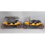 Two vintage tin plate model classic Ford Model T type cars by Jan Blenken in yellow with 'Cord