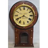 A mid-19th century rosewood and mother of pearl inlaid drop dial wall clock with painted dial and