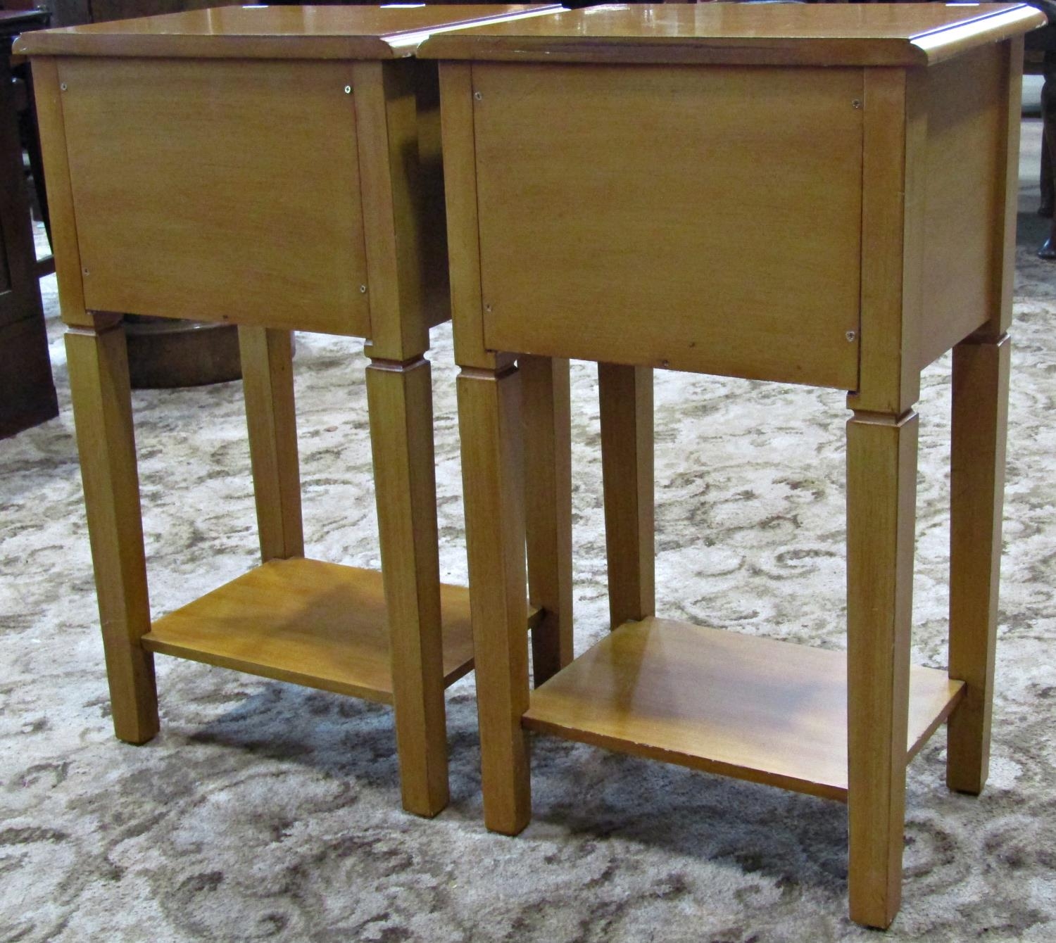 A pair of contemporary two drawer lamp tables with brushing slides, raised on square tapered - Image 2 of 2