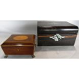 A Regency mahogany silk Lind jewellery box with satinwood inlay and lion mask handles , raised on